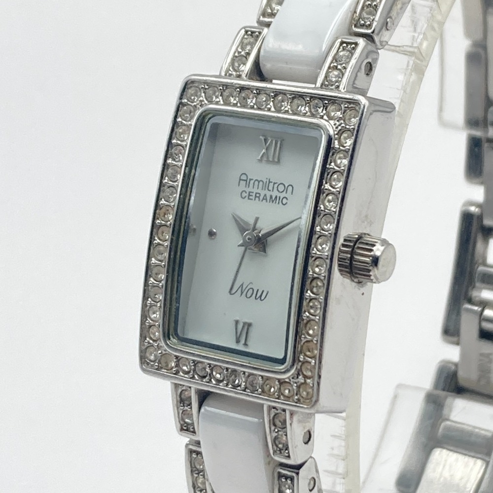 Armitron Now Womens Tank Watch Silver Tone Ceramic Crystals Bling New Battery 7"